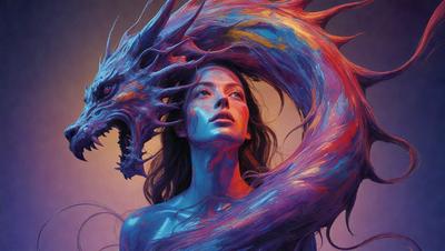 The primary subject of the image is a woman with long hair, who is painted in a vibrant blue color. She is surrounded by a colorful, swirling, and abstract background, which adds to the overall artistic and creative atmosphere of the scene. The visual style of the image is a combination of digital art and illustration, showcasing the woman's beauty and the vivid colors in the background. The colors and mood of the image are lively, energetic, and full of life, reflect